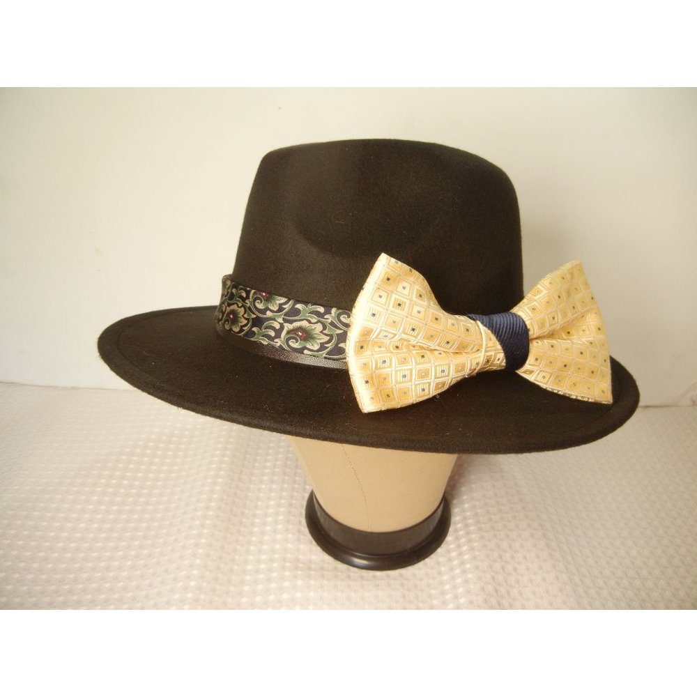 Boho Fedora woman's fancy big bow hat, Black fedora with yellow/blue hatband  ha